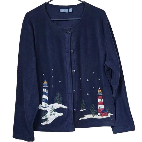 croft & barrow Sweaters - Croft & Barrow Winter Lighthouse Cardigan Sweater Navy Blue Fleece Sweatshirt XL